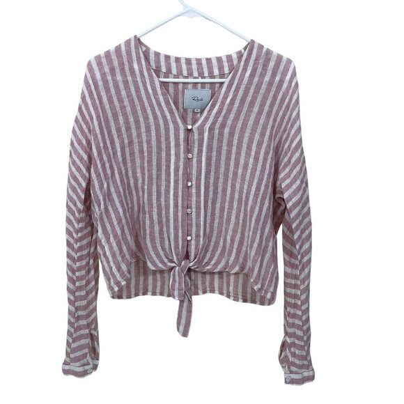 Rails Women's Size S Linen Blend Shirt Rose Striped Long Sleeve Front Tie - Picture 5 of 7